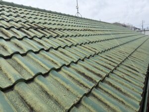 一宮市 屋根塗装 施工前 瓦屋根 苔・藻が全体に広がっている状態
